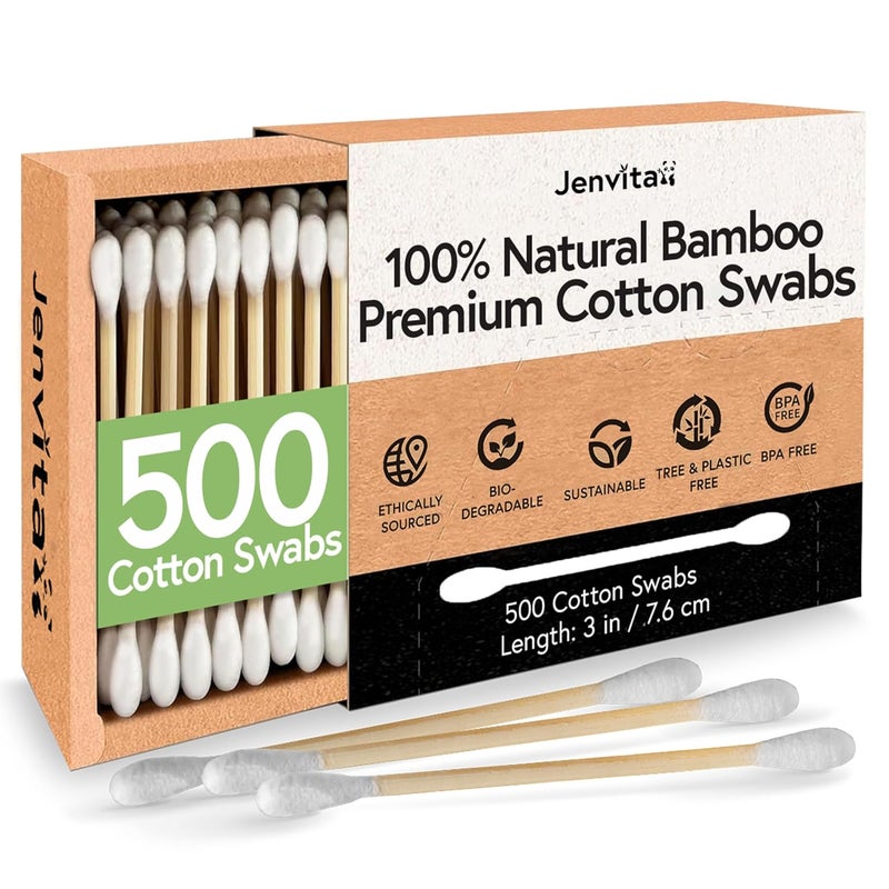 ibambo Jenvita 100% Bamboo Ear Swabs Cotton (500-Pack) | Biodegradable Double Tipped Bamboo Ear Cleaner | Eco Friendly Beauty & Personal Care | FSC Certified & Hypoallergenic | Suitable for All Ages & Pets - Image 1